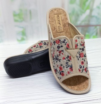 Женские тапочки Белста, бежевые, принт цветы, открытые