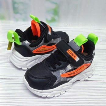 Кроссовки для мальчика, чёрные с оранжевым, на липучках.