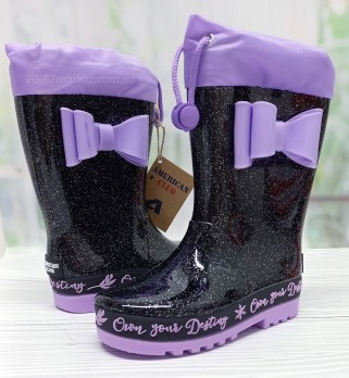 Резиновые сапоги ПВХ, для девочки, American Club, чёрно-фиолетовые, украшение - бантик