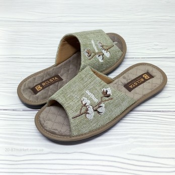 Женские домашние тапочки Белста, св.оливковые, украшены вышивкой - цветок хлопка