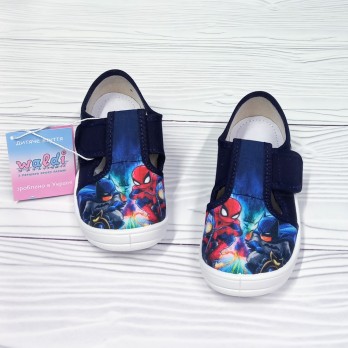 Детские текстильные тапочки для мальчика, синие, человек паук и бетмен