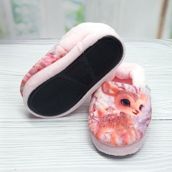 Детские велюровые тапочки для девочки, розовые, стильный принт оленёнок