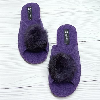 Женские фиолетовые тапочки с пушком