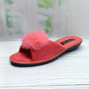 Тапочки женские велюровые комнатные Белста, коралловые, украшены пушком