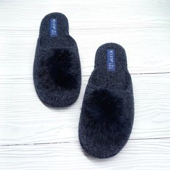 Женские паркетные тапочки с пушком, тёмно-синие