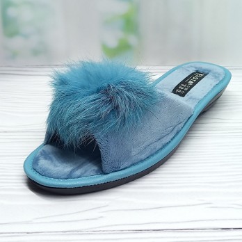 Тапочки женские велюровые, тм Белста, бирюзовые, украшены пушком