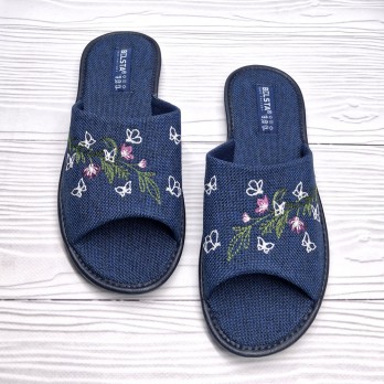 Женские домашние тапочки, синие, тм Белста, украшены вышивкой - цветы и бабочки.